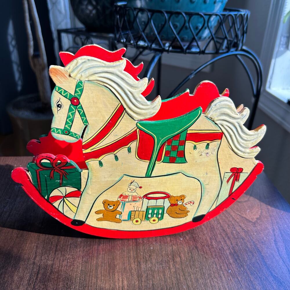 Vintage Wood Christmas Holiday Rocking Horse decor Napkin Letter Organizer